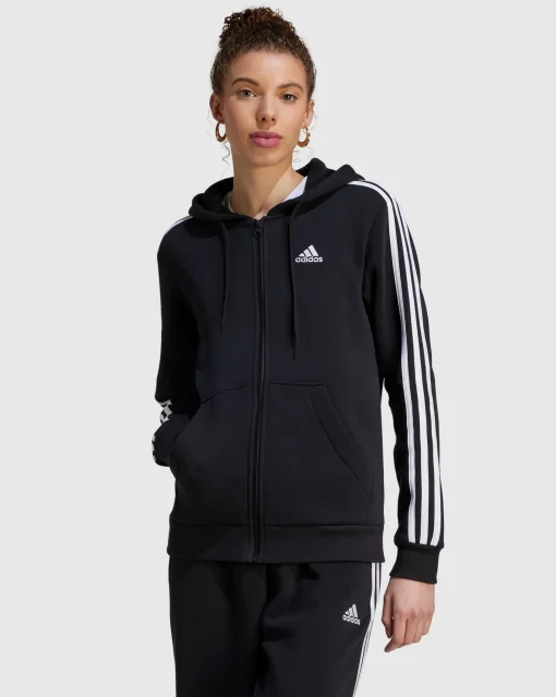 Adidas Felpa Con Cappuccio Full Zip 3-Stripes Fleece Nero Donna