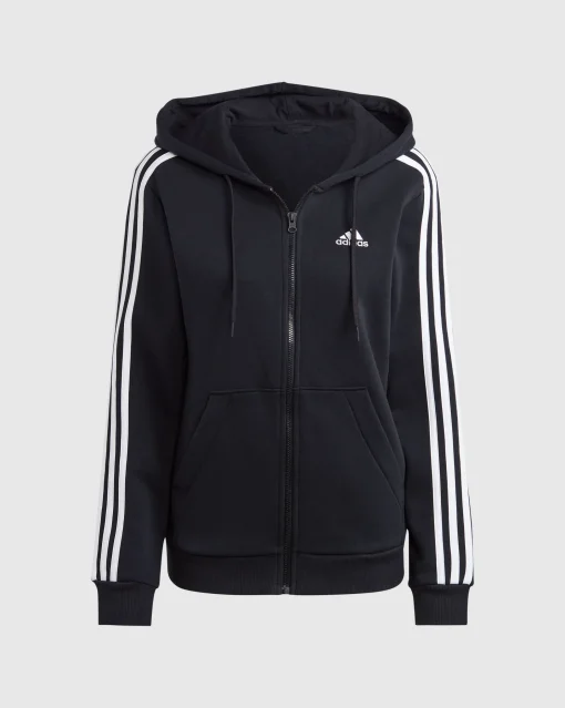 Adidas Felpa Con Cappuccio Full Zip 3-Stripes Fleece Nero Donna