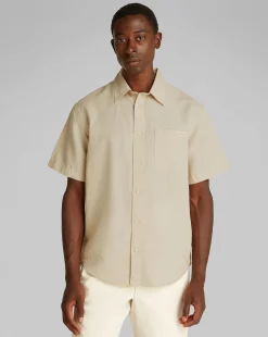 Camicia a manica corta in Cotone e Lino Marrone Uomo
