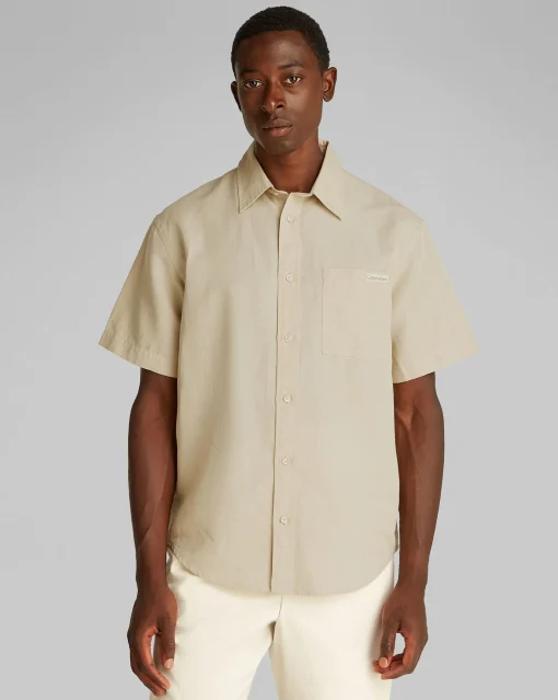 Camicia a manica corta in Cotone e Lino Marrone Uomo