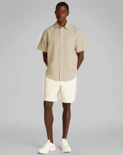 Camicia a manica corta in Cotone e Lino Marrone Uomo