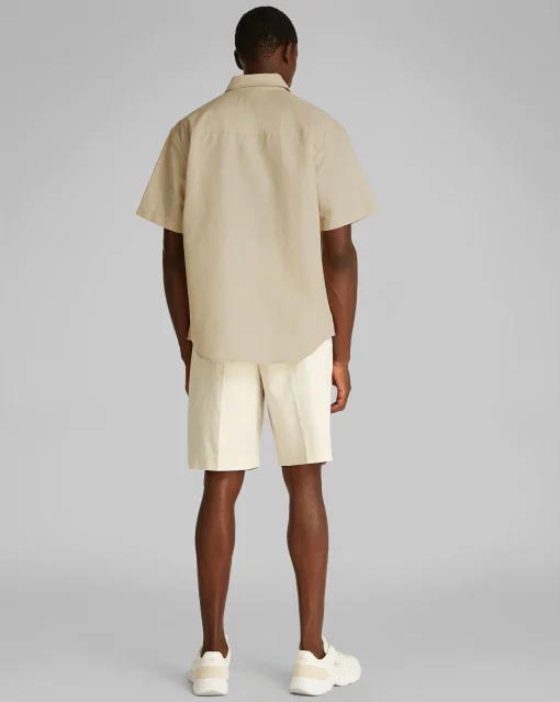 Camicia a manica corta in Cotone e Lino Marrone Uomo