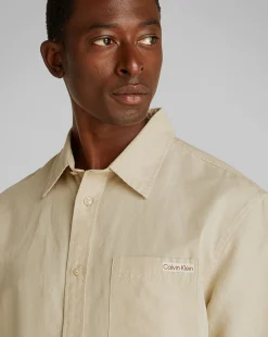 Camicia a manica corta in Cotone e Lino Marrone Uomo