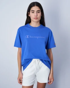 Champion T-Shirt Girocollo Icons Big Logo Tono su Tono Blu Donna