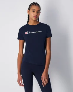 Champion T-Shirt Girocollo Con Logo Champion Grande Blu Donna
