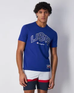 Champion T-Shirt Girocollo USA Retro Sport Blu Uomo