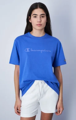 Champion T-Shirt Girocollo Icons Big Logo Tono su Tono Blu Donna
