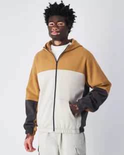 Felpa Colour Block con cappuccio e cerniera Marrone Uomo
