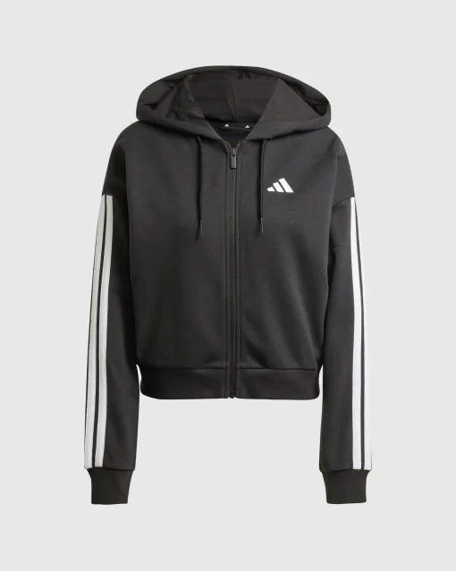 Felpa con cappuccio Essentials 3-Stripes French Terry Full-Zip Nero Donna