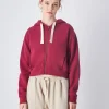 Felpa cropped con cappuccio e cerniera, lavaggio vintage Rosso Donna