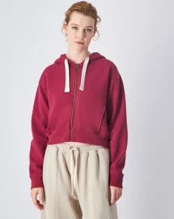 Felpa cropped con cappuccio e cerniera, lavaggio vintage Rosso Donna