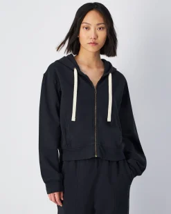 Felpa cropped con cappuccio e cerniera, lavaggio vintage Nero Donna