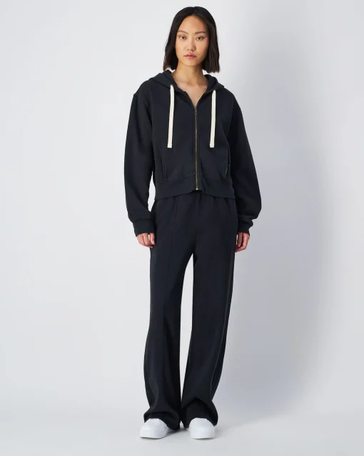 Felpa cropped con cappuccio e cerniera, lavaggio vintage Nero Donna