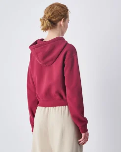 Felpa cropped con cappuccio e cerniera, lavaggio vintage Rosso Donna