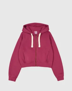 Felpa cropped con cappuccio e cerniera, lavaggio vintage Rosso Donna