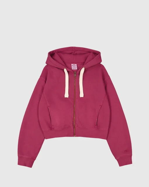 Felpa cropped con cappuccio e cerniera, lavaggio vintage Rosso Donna