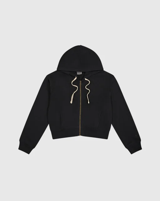 Felpa cropped con cappuccio e cerniera, lavaggio vintage Nero Donna