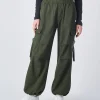 Pantaloni Parachute Cargo Con Tasconi Verde Donna