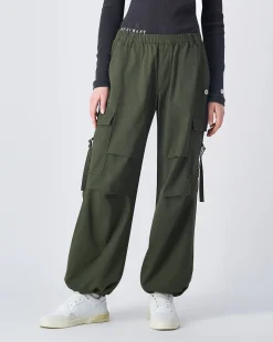 Pantaloni Parachute Cargo Con Tasconi Verde Donna
