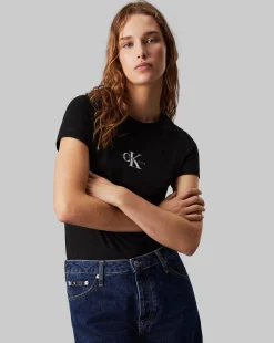 T-Shirt Con Monogramma Slim Nero Donna