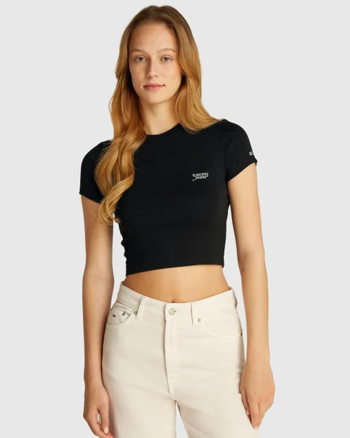 T-shirt crop slim fit con logo Nero Donna