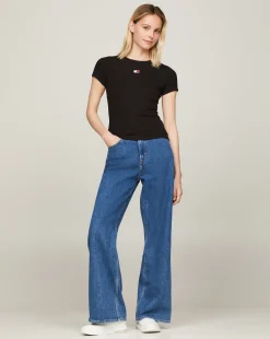 T-Shirt Slim Fit a Coste con Distintivo Nero Donna