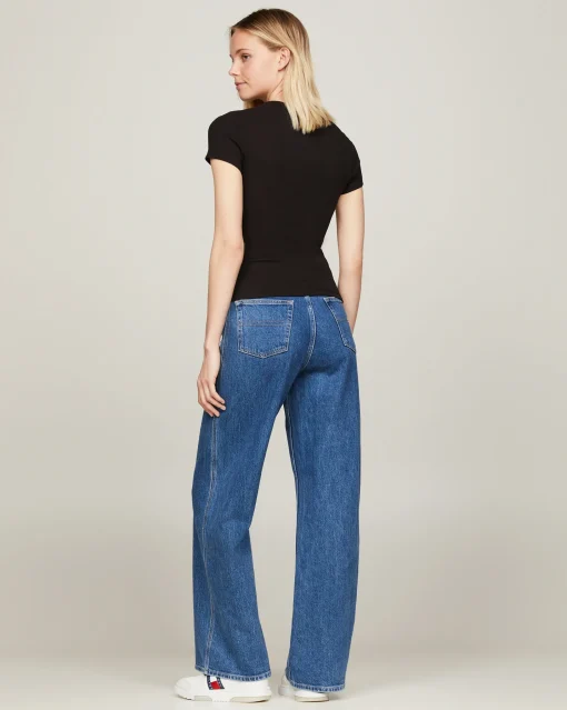 T-Shirt Slim Fit a Coste con Distintivo Nero Donna
