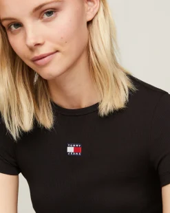 T-Shirt Slim Fit a Coste con Distintivo Nero Donna