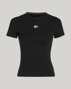 T-Shirt Slim Fit a Coste con Distintivo Nero Donna