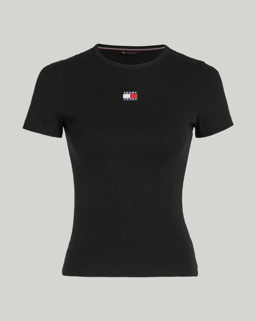 T-Shirt Slim Fit a Coste con Distintivo Nero Donna
